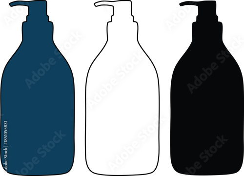 Three different colored bottles with pump dispensers side by side