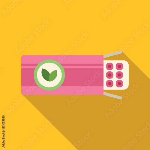 Pack of natural medicine pills with leaf symbol on yellow background