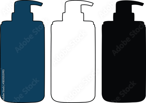 Three dispenser bottles in different colors for soap lotion or shampoo packaging