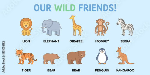 Our Wild Friends Cute Cartoon Wild Animals Illustration for Kids Learning and Preschool Education