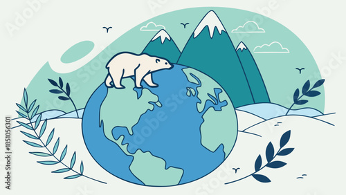 A blue cartoon globe sphere featuring continents and oceans floats in a snowy sky as a creative nature travel illustration