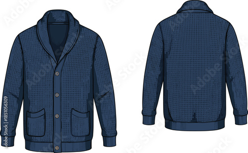 Cardigan sweater technical sketch, front and back view, shawl collar, button closure, patch pockets, ribbed cuffs, hem, textured knitwear design