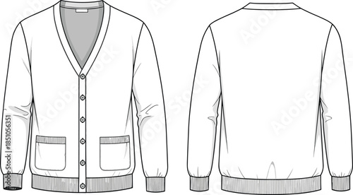 Cardigan sweater technical sketch, front and back view, V-neckline, button closure, patch pockets, ribbed cuffs, hem, fashion illustration