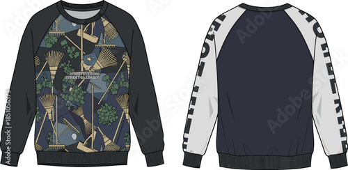 Graphic crewneck sweatshirt technical sketch, front and back view, gardening tools print, motivational text, ribbed cuffs, hem, fashion illustration