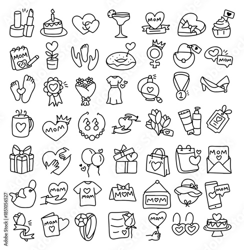 Mother’s Day Outline Icon Set, Mother and Child Love, Family Care, Parenting, Mom Hug Baby, Line Doodle Illustration