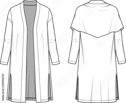 Long open-front cardigan technical sketch, front and back view, side slits, yoke detail, relaxed fit, fashion illustration, garment design