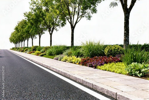 Long perspective of a modern road with professional landscaping featuring ornamental grasses and colorful shrubs under a clear sky in a suburban area.