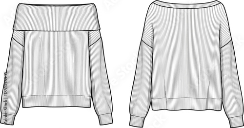 Off-the-shoulder sweater technical sketch, front and back view, wide neckline, long sleeves, relaxed fit, fashion illustration, garment design