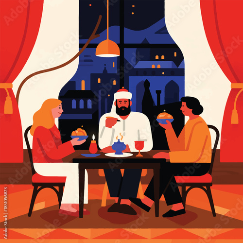 Illustration Of A Family Sitting Together While Waiting For The Time To Break The Fast Vector Design Template