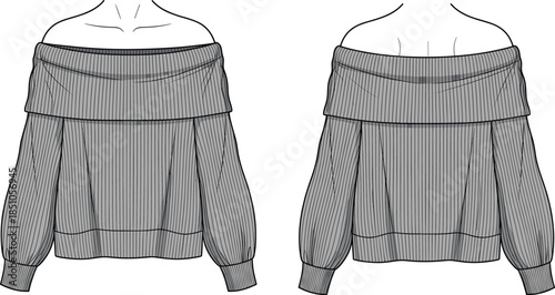 Off-the-shoulder sweater technical sketch, front and back view, wide neckline, voluminous sleeves, gathered hem, fashion illustration, garment design