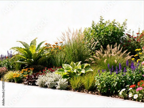 Textured ornamental grasses and various perennials including ferns and purple flowers create a naturalistic and dense garden planting scheme outdoors.