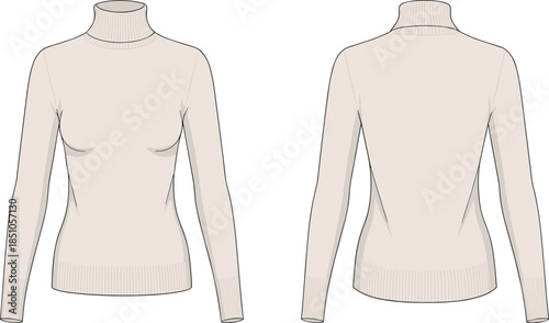 Women’s fitted turtleneck sweater technical sketch, front and back view, ribbed collar, cuffs, hem, bust shaping, fashion illustration