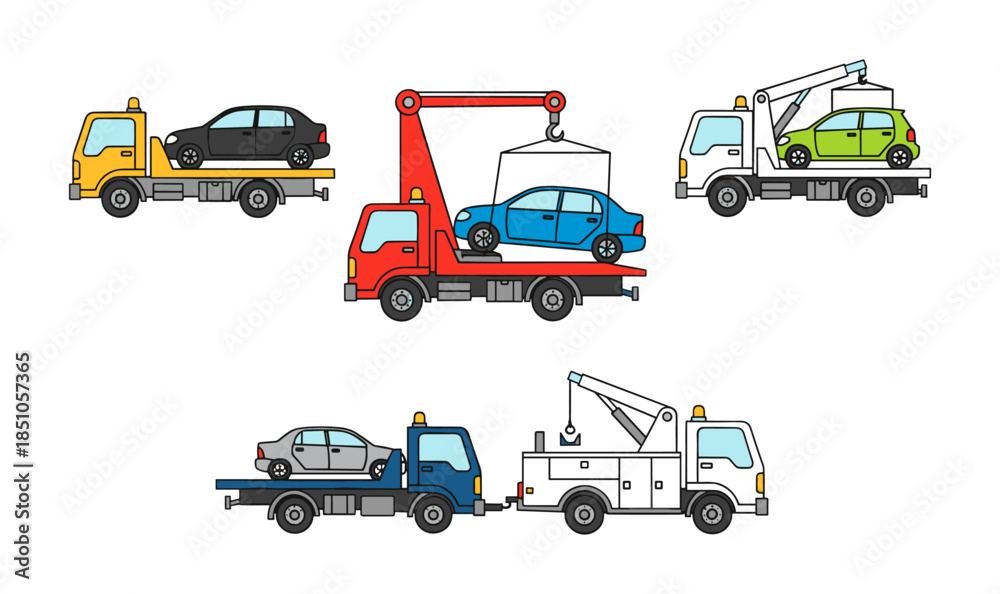 Naklejka premium Tow trucks lifting and transporting broken down cars
