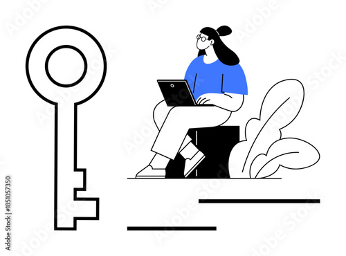 Digital security concept. A key icon protection, while a person using a laptop highlights secure online access. Digital security for privacy, cybersecurity, technology, remote work, and data