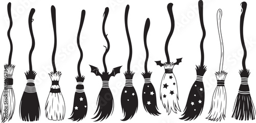 Flying Witch on Broom Silhouette Set – Halloween Magic Black Vector Icons on White Background.