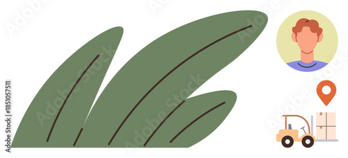 Large green leaves, forklift moving boxes, location marker, user profile icon. Ideal for sustainability, logistics, eco-friendly supply chain, transportation, nature warehousing and teamwork themes