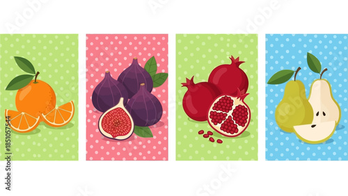 Colorful Set of Fruit Illustrations Featuring Oranges Figs Pomegranates and Pears