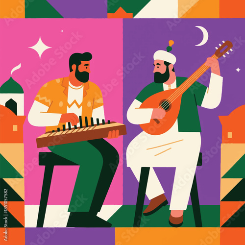 Illustration Of A Man Playing The Qanun And Another Playing The Oud On A Ramadan Night Vector Design Template