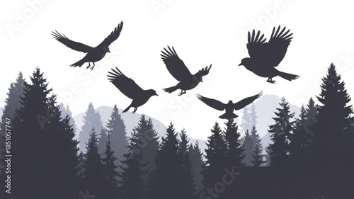 Silhouette flock of birds flying over dark