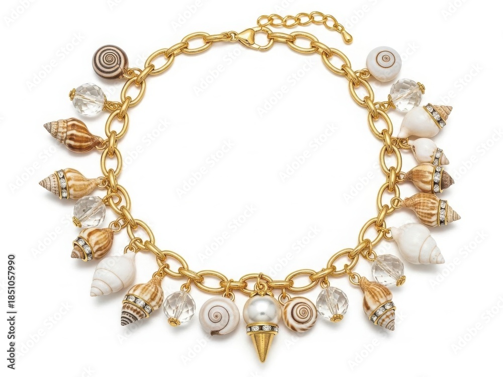 Obraz premium Gold charm bracelet with shells and crystals