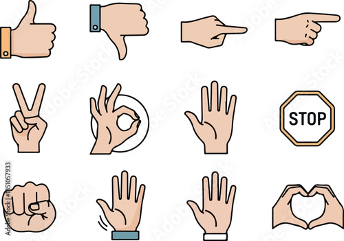 Diverse Hand Gestures Illustration Thumbs Up, Peace Sign, Pointing