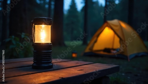 A durable camp flashlight sits on a rustic wooden table near a tent, casting a warm glow against a nighttime forest backdrop Perfect for camping, hiking, and outdoor adventures , rustic, equipment