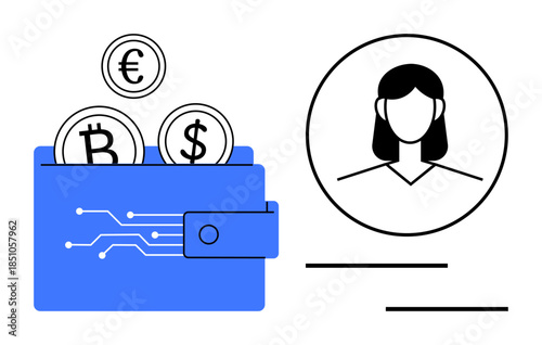 Blue wallet holding Bitcoin, Dollar, and Euro coins next to a user profile image. Ideal for finance, cryptocurrency, identity verification, digital payments, fintech, security simple flat metaphor