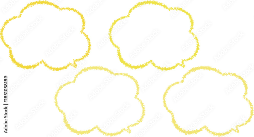 Fototapeta premium 微妙に色が異なる黄色のクレヨンで描いた、雲の形の吹き出しセット。手描き風。