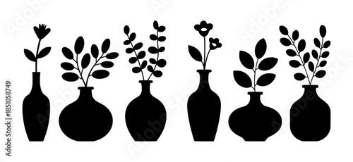Black silhouette vases with stylized plants and flowers white background editable