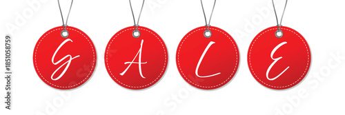 Red round hanging sale tags with elegant white script letters on thin strings in flat design isolated on white background for retail promotion and marketing campaigns