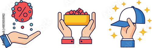 Business and Marketing Icons Set with Discount Reward Gift and Cap in Flat Vector Illustration Style