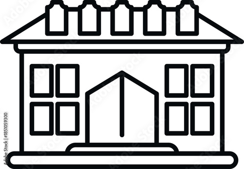 Simple outline drawing of a house facade with multiple windows and a front entrance