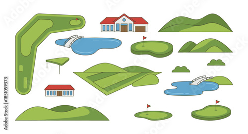 Golf course landscape elements set creating recreation scenes