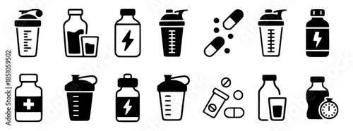 Collection of black and white representing sports nutrition and supplements editable
