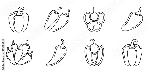 Collection of black outline bell peppers and chili peppers whole and sliced vegetable food