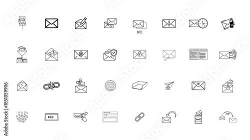 A set of hand-drawn email and communication icons for digital interface design