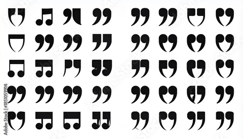 Wallpaper Mural Set of various black quotation mark icons and music notes on a white background, perfect for typography, communication, and design projects. Torontodigital.ca