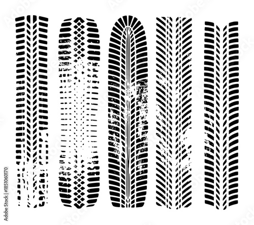 Collection of black tire tread patterns with grunge texture white background editable