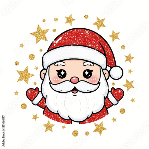 Happy Santa Claus illustration with sparkling golden stars, festive holiday design