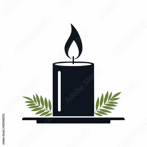 Candle with Green Leaves, a Symbol of Remembrance and Tranquility