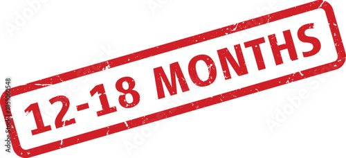 Red Rubber Stamp 1218 Months Text with Border on White Background for Ages