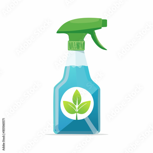 Eco-friendly cleaning spray bottle with green leaf emblem on white background