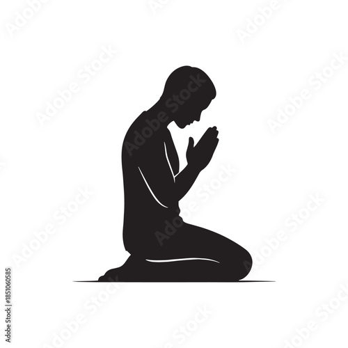 Man kneeling in prayer silhouette.
Person praying isolated on white.
Spiritual man kneeling in devotion.
