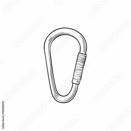 Hand drawn sketch of a metal carabiner hook, essential safety equipment for rock climbing, rappelling, and various outdoor adventure sports activities