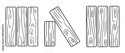 Groups of stylized wooden planks with visible grain and knots in outline style timber natural