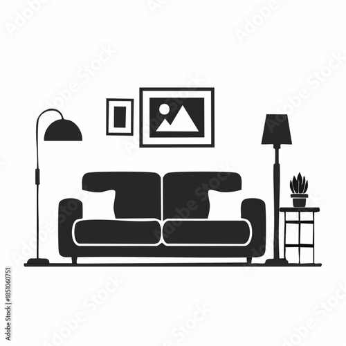 Sleek minimalist black and white vector illustration depicting a modern living room interior setup with a comfortable sofa, lamps, and wall decor