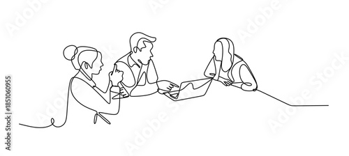 Line art Illustration of business people working together in the office. One line art style