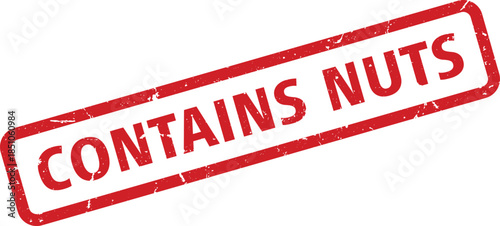 Red Contains Nuts Warning Stamp with Grunge Texture on White Background Allergen Alert