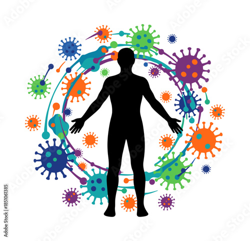 Human silhouette protecting from invading viruses and bacteria