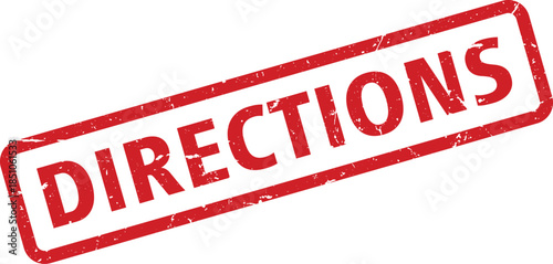 Distressed Red Ink Stamp with the Word Directions Angled on a White Background